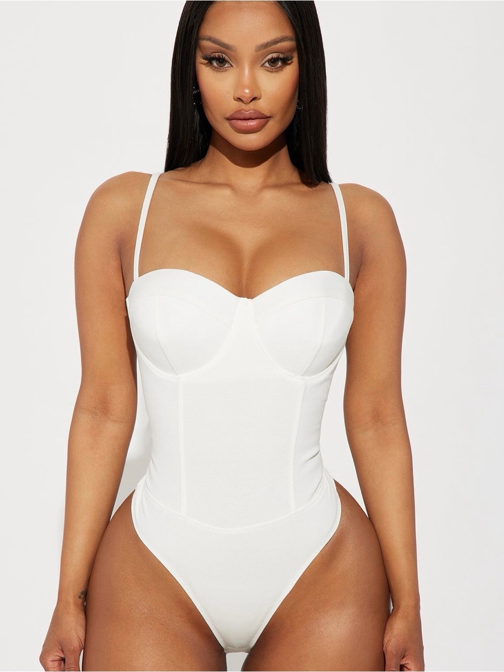Fashion Nova “Lust Over You” Off White Bustier Thong Bodysuit
